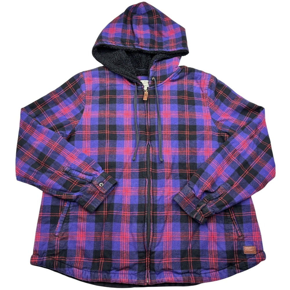 LL Bean Jacket Womens Large Purple Plaid Fleece Lined Hooded Flannel Shacket L